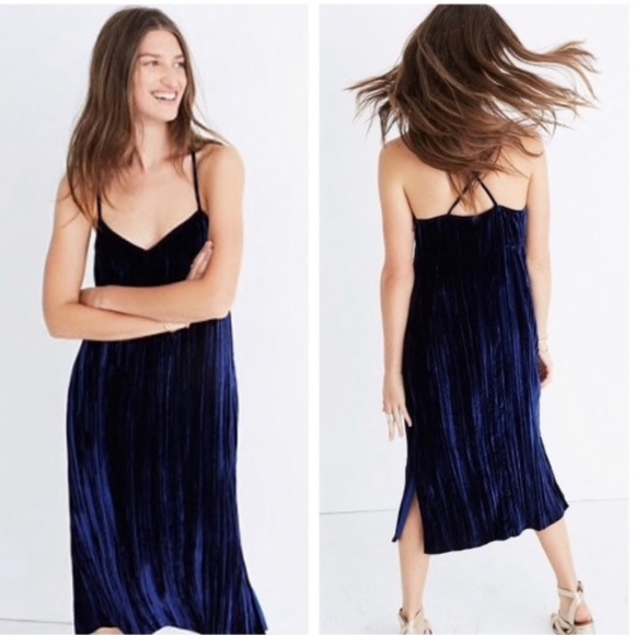 Madewell | NEW Crushed Velvet Slip Dress Navy Blue Midi  XS - Picture 2 of 13